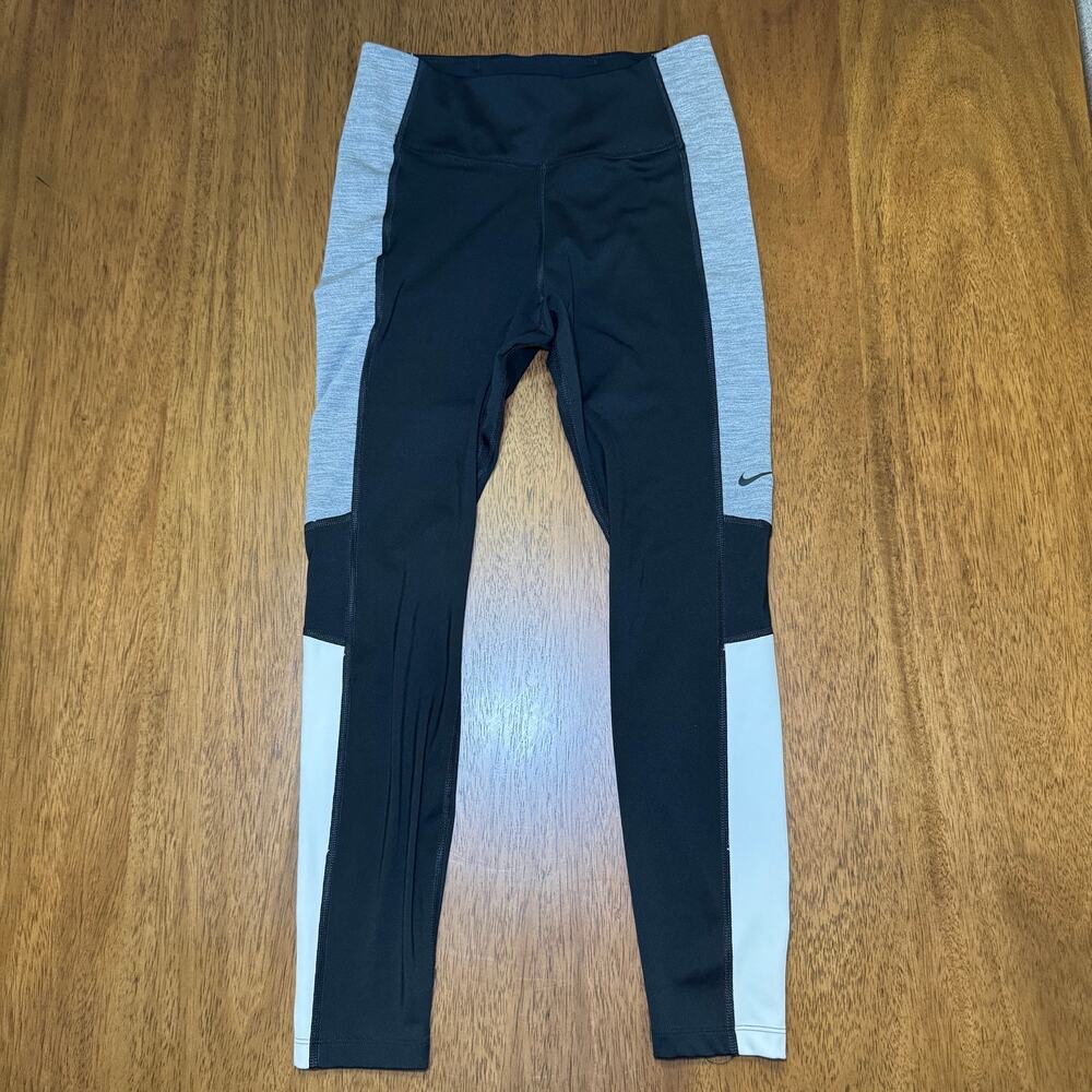Nike Dri-FIT Womens M Black Gray Colorblock Full Length Leggings Running Workout